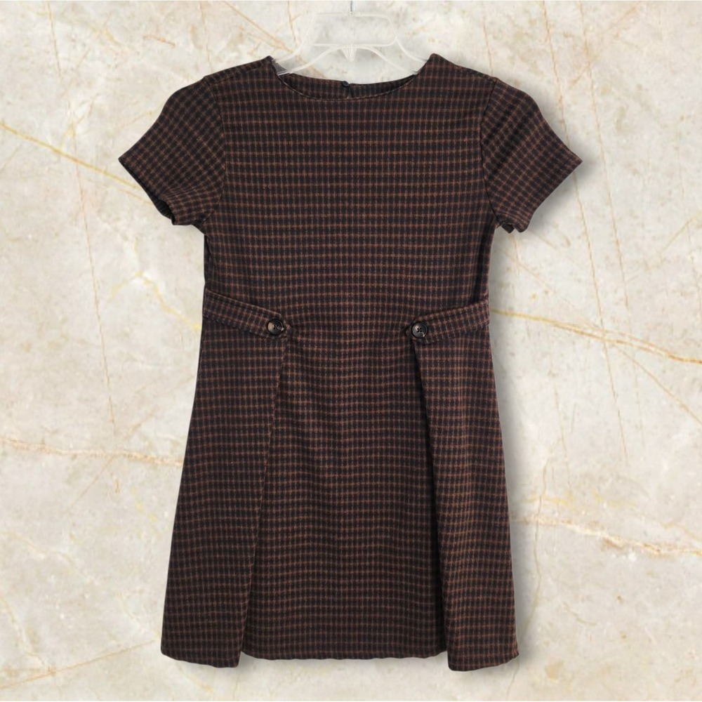 Zara Girls Brown Blue Plaid Pleated Shift Dress Size 13/14